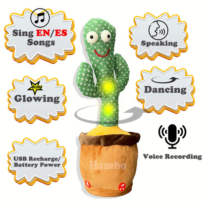 Baby Fun Dancer Cactus Toy - Glowing, Dancing Cactus with USB & Battery, Voice Record & Repeat, Spanish Talking Plush Toy for Kids